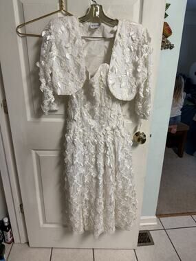 Vnt 80s Textured White Lace Dress W/ Matching Cover Bolero 2pc Smocked Small 32w